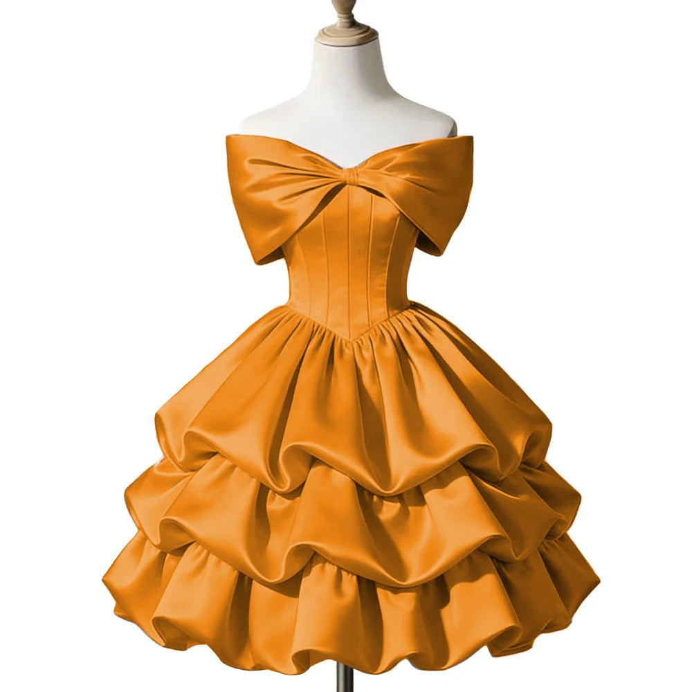 One-shoulder Satin Puff Skirt with a Bow Short-length Waist-cinching Designperfect for Everyday Wear