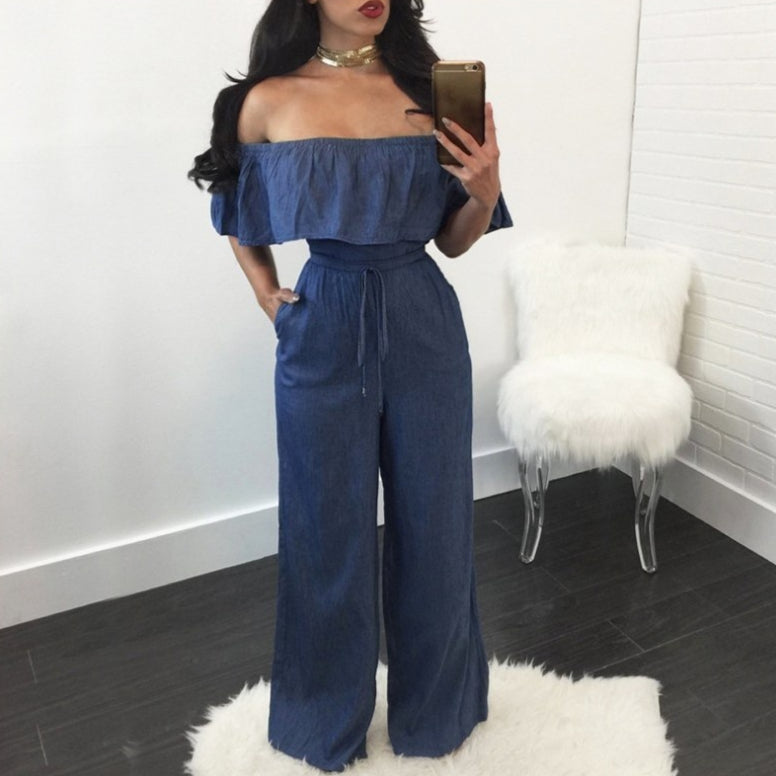 Women's Sexy Wide-Leg Denim Ruffled Jumpsuit