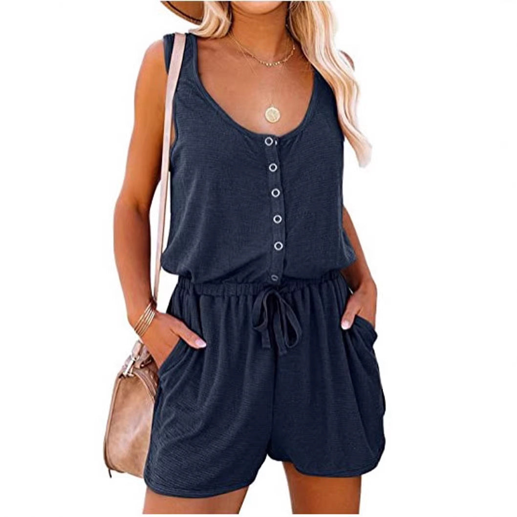 Summer Sleeveless Lace-Up Wide-Leg Romper