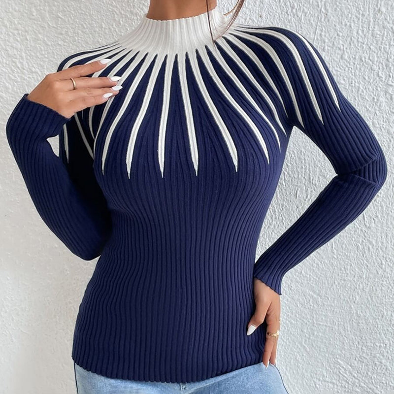 Womens Slim Fit Mock Neck Sweater, Ribbed Striped Long Sleeve Knit for Fall Winter