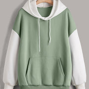 Plus Size Color-Block Hoodie with Front Pocket, Drop‑Shoulder Drawstring and Fleece Long‑Sleeve Pullover