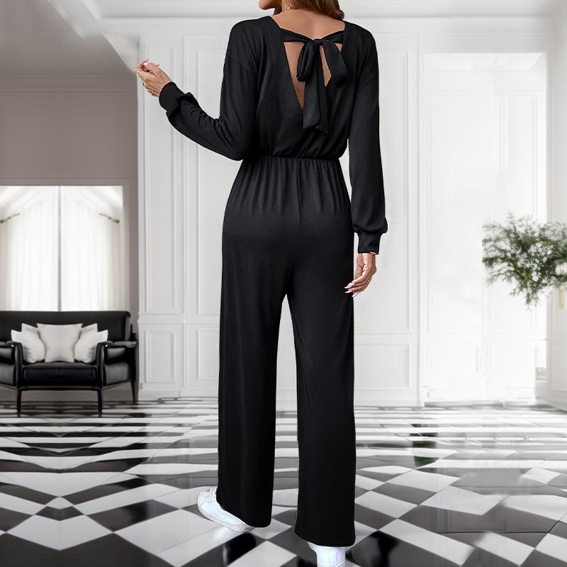 Women's Casual Solid Long Sleeve High-Waist Jumpsuit