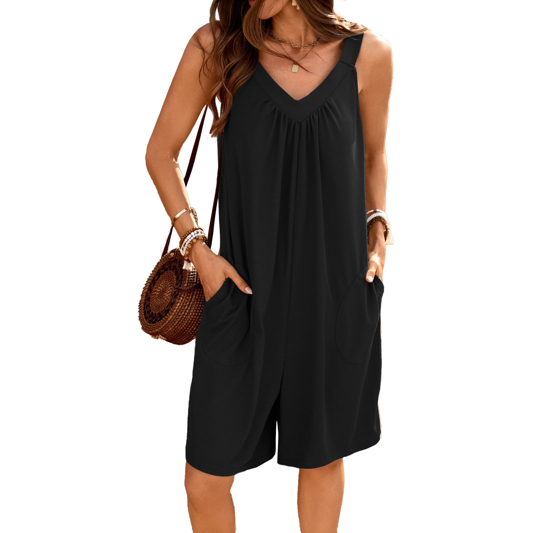Chic V-Neck Sleeveless Wide-Leg Jumpsuit with Pockets