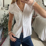 Red And White Short Sleeve Plaid Shirt Women