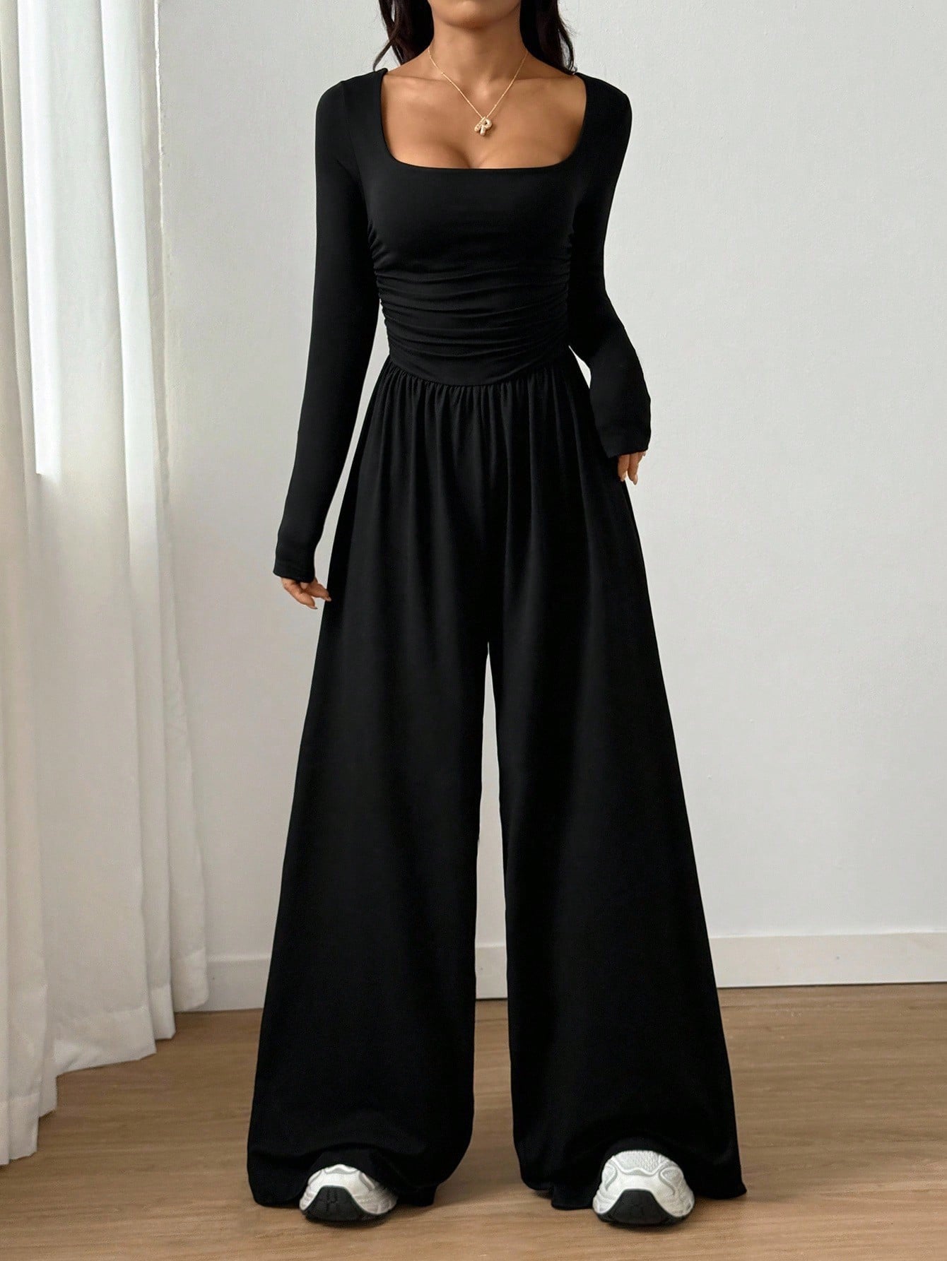 2026 Spring Fall Women's Casual Solid Color Square Neck Long Sleeve A-Line Jumpsuit Pleating Wide Leg Loose Mopping Jumpsuit