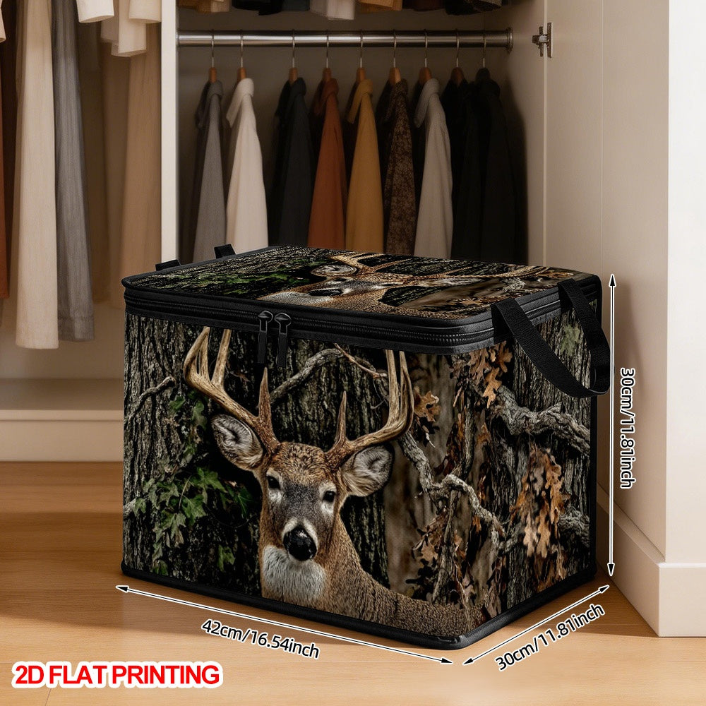Autumn Deer and Tree Lidded Storage Bin with Zipper Closure – Large Capacity Flat Design