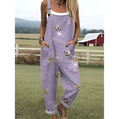 Women's 3D Print Casual Button Suspender Trousers