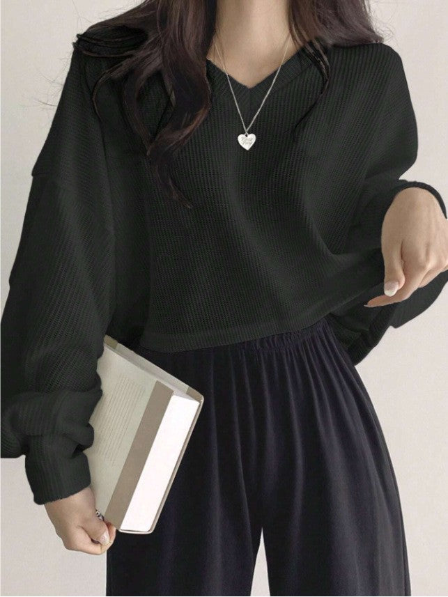 Womens Casual Versatile Solid-color Pullover Knit Sweater Top