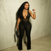 Halter Deep V-neck See-through Lace Lace-up Backless Jumpsuit