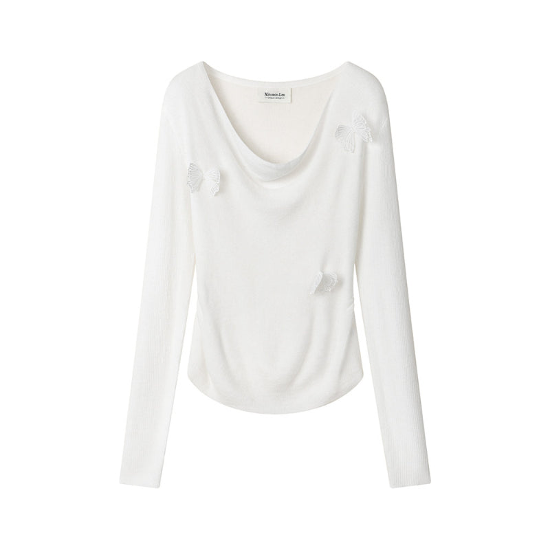 Sweet Pink 3D Butterfly Age-Reducing Knitted Top Long-Sleeve T-Shirt That Slims And Flatters Your Figure
