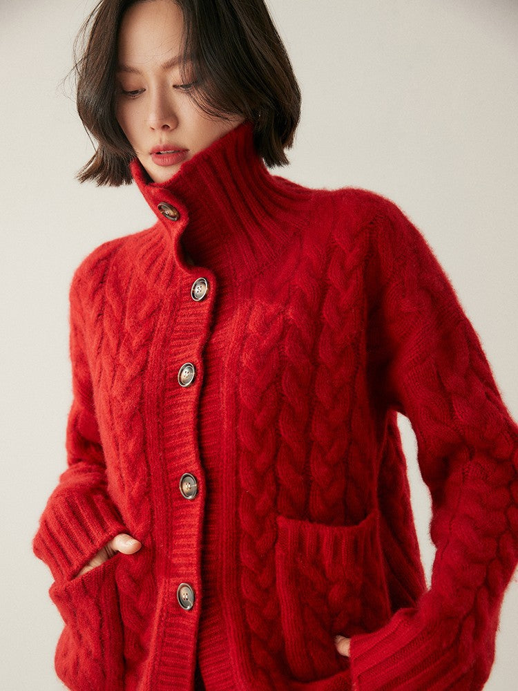 French Style Turtleneck Cashmere Cardigan for Women