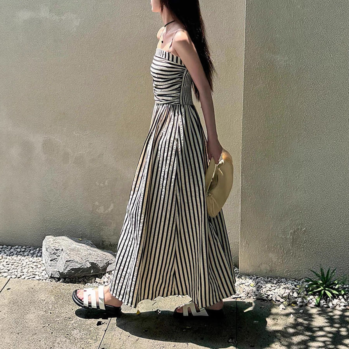 Elegant Striped Off-Shoulder Long Dress