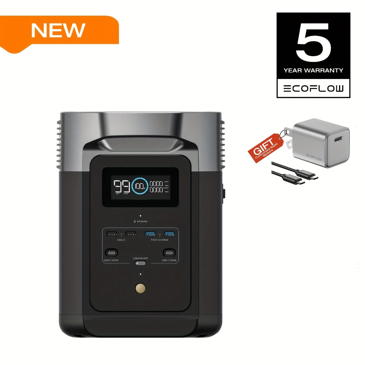 EcoFlow DELTA 2 950 Portable Power Station & 20W USB-C Charger | 950Wh LiFePO4 Battery for 10 Years, 7X Faster Charging, 1800W AC Output, Solar Power Bank for Home Backup & Camping/RVs