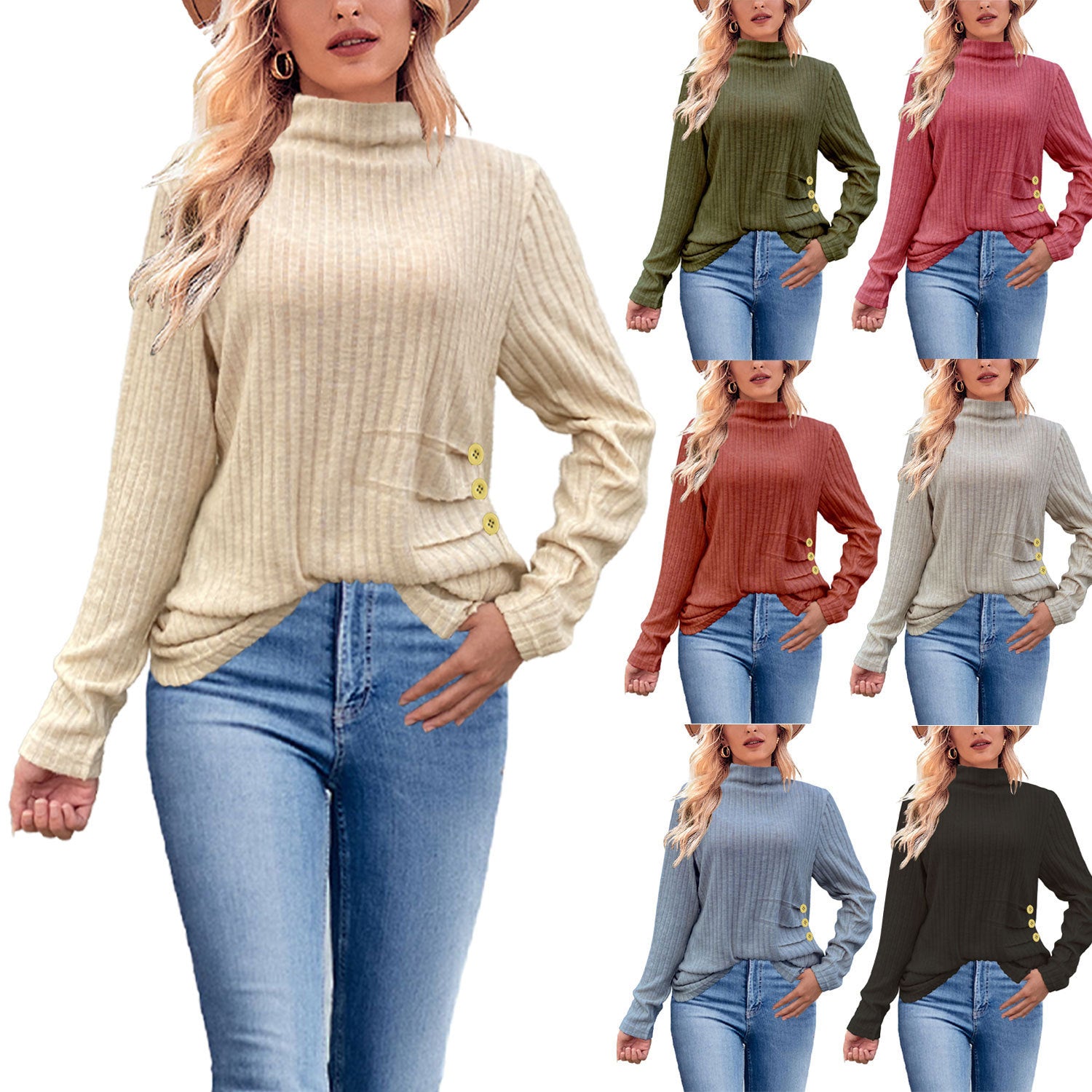 Chic Ribbed Turtleneck Sweater with Side Buttons
