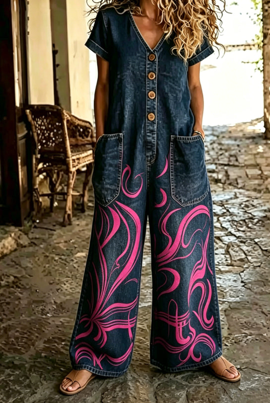 Casual Denim Wide-Leg Short Sleeve Jumpsuit with Pockets