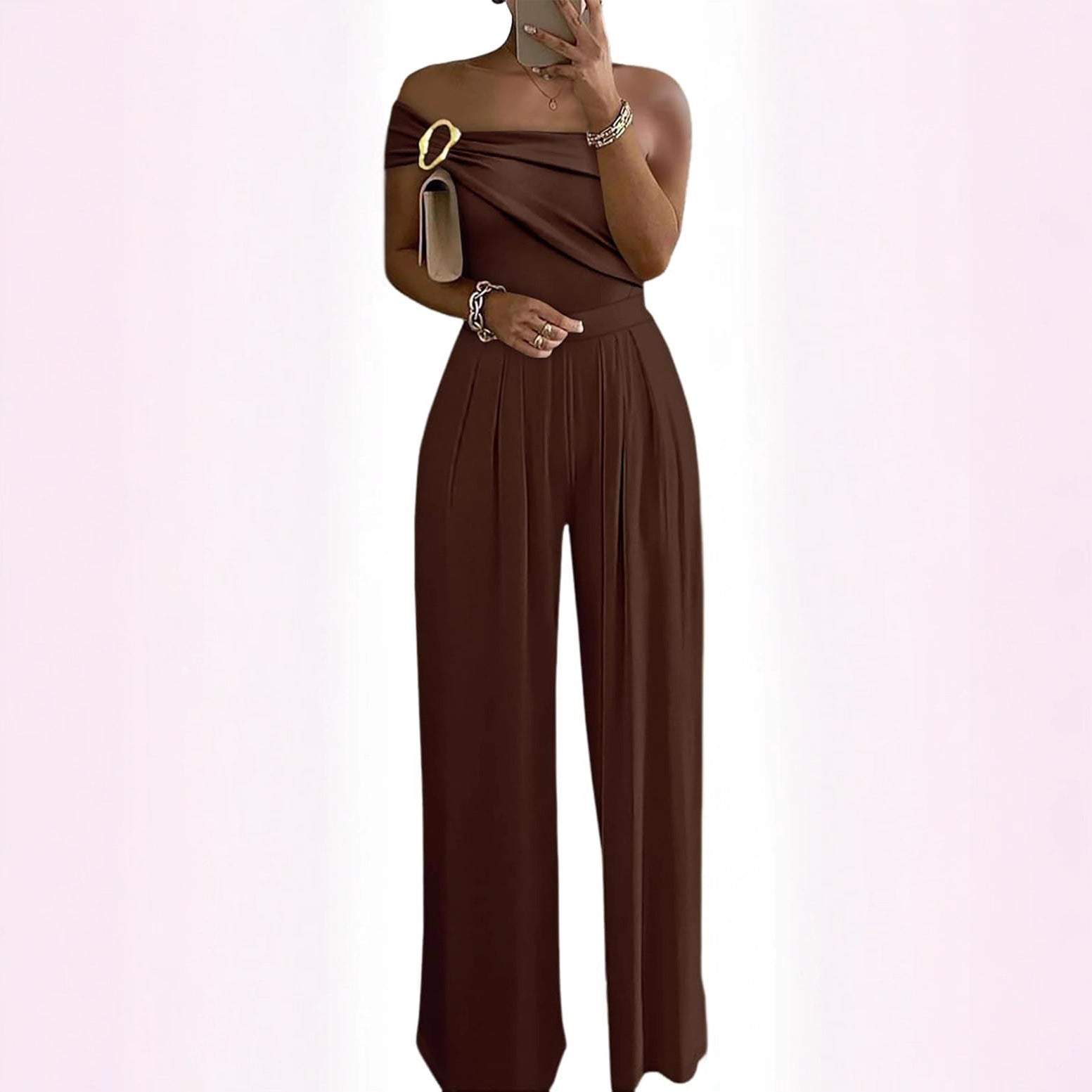 Metallic One-Shoulder Pleated Wide-Leg Jumpsuit