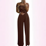 Metallic One-Shoulder Pleated Wide-Leg Jumpsuit