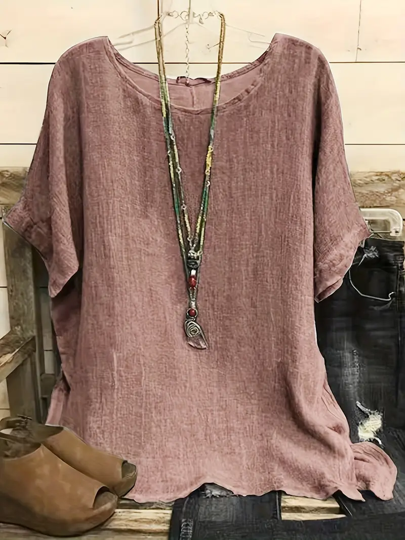Women Fashion Casual Shirts Solid Color 3 4 Sleeve Round Neck Blouses Summer Loose Tops Streetwear