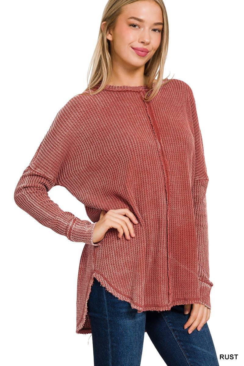 Women's Casual Washed Waffle Long-Sleeve Pullover Top