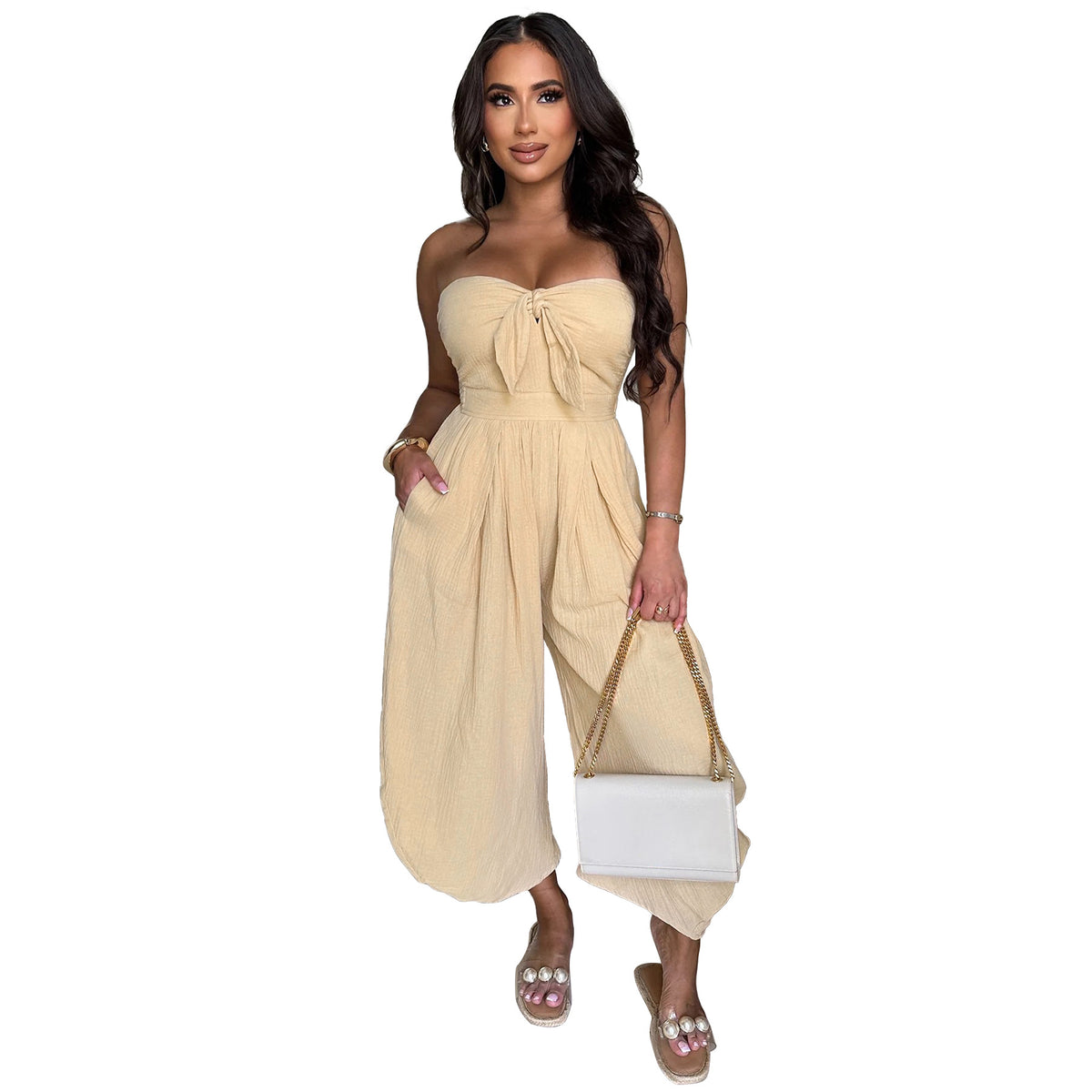 Women's Solid Chest Wrap Casual Loose Jumpsuit