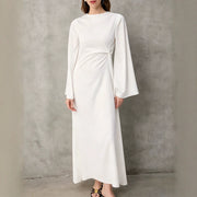 Retro Style Long Sleeved Waist Slimming Solid Color Dress