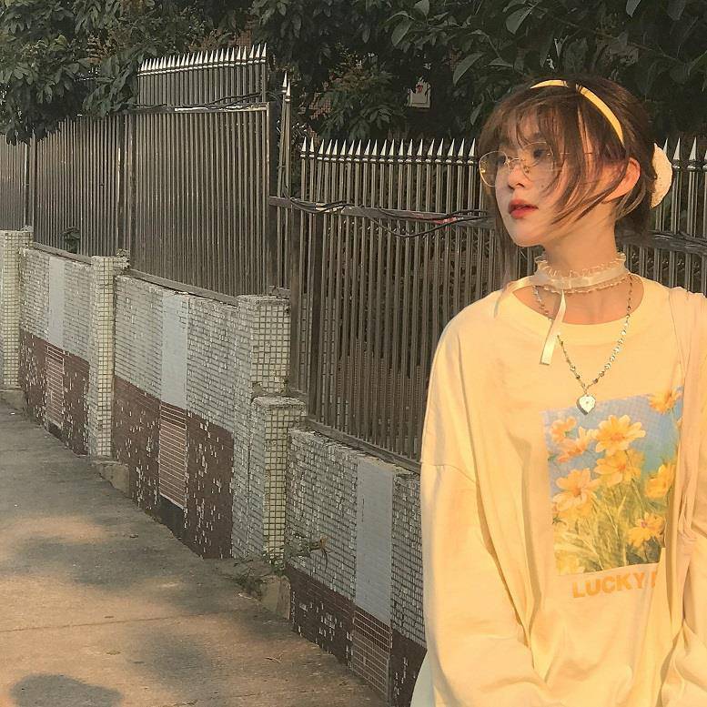 Women's Preppy Oil Painting Print Long Sleeve Crewneck Sweater