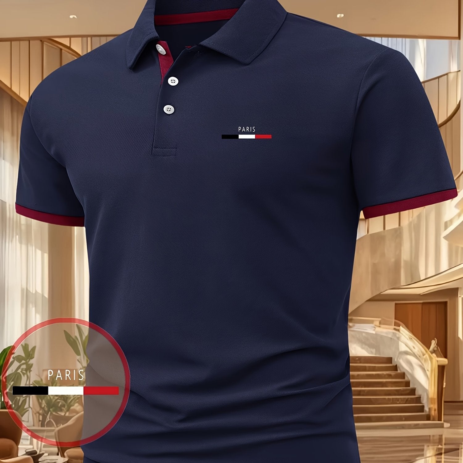 Men's Moisture-Wicking Printed Polo Shirt – Three‑Color Stripe, Short Sleeve
