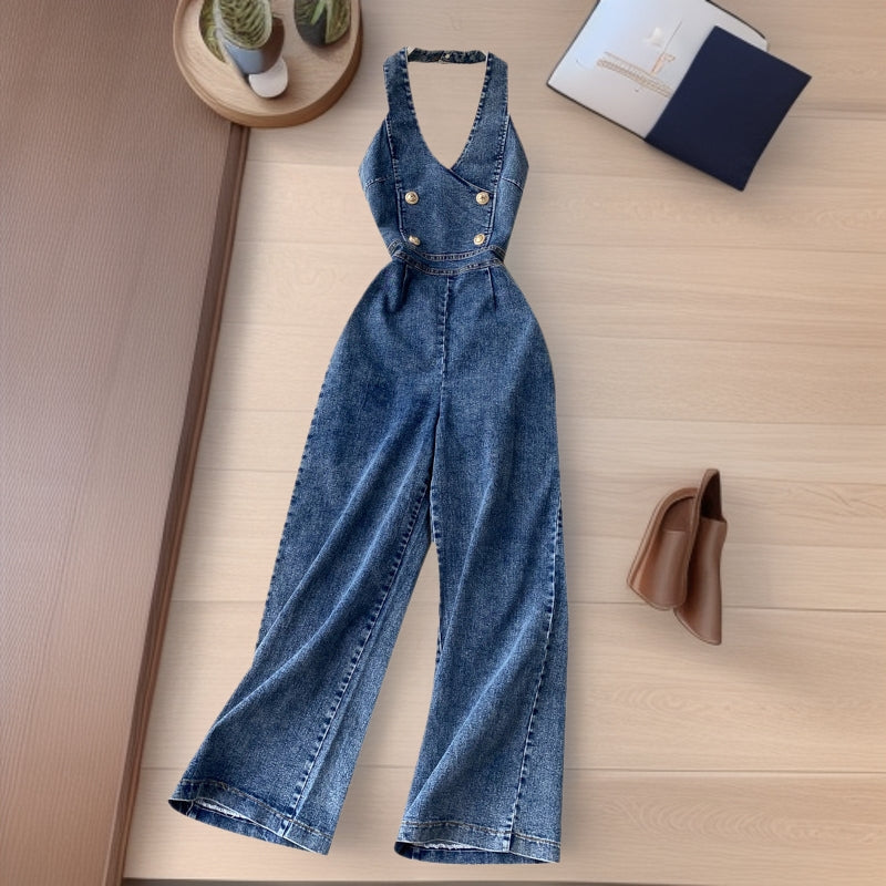Elegant Neck-hanging Sleeveless Open-back High-waist Slimming Wide-leg Pants