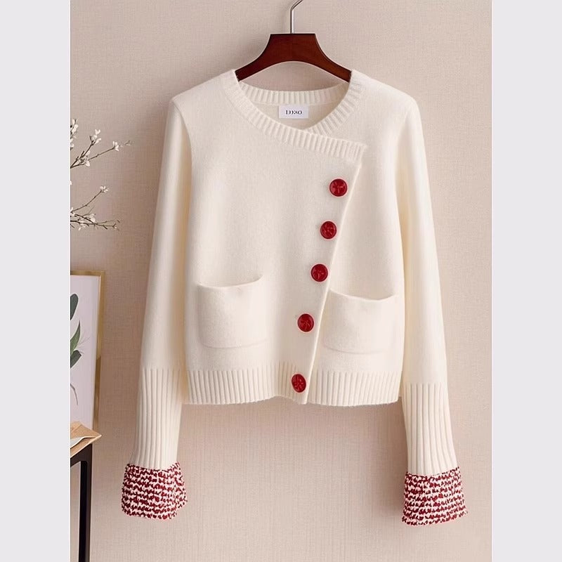 White Knitted Fabric Cardigan Sweater for Women
