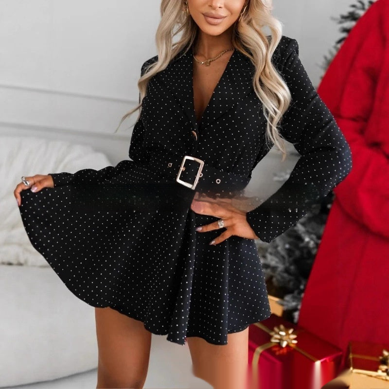 Elegant Sequined Lapel Jumpsuit with Belt