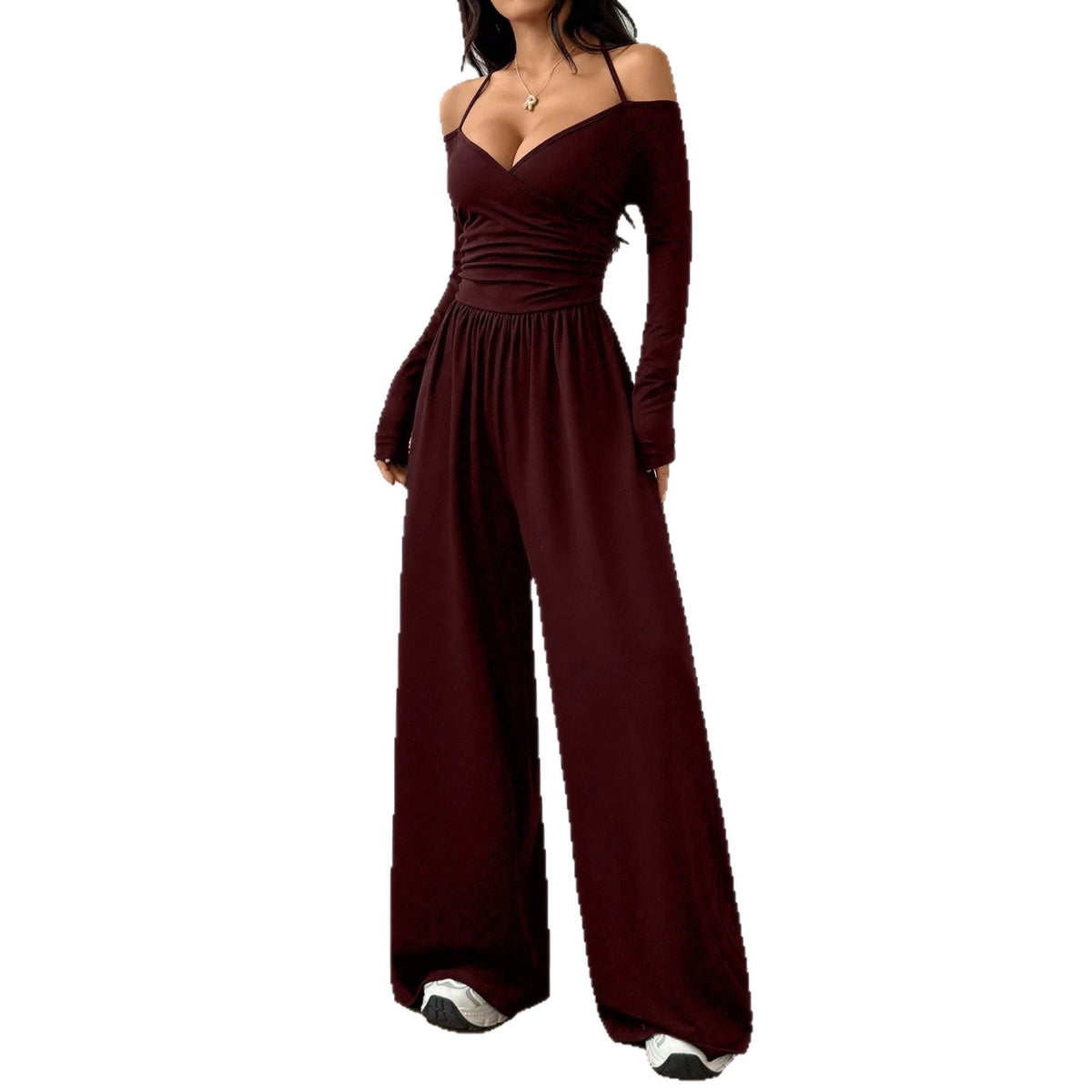 V-neck Halter Lace-up Long-sleeve Jumpsuit For Women
