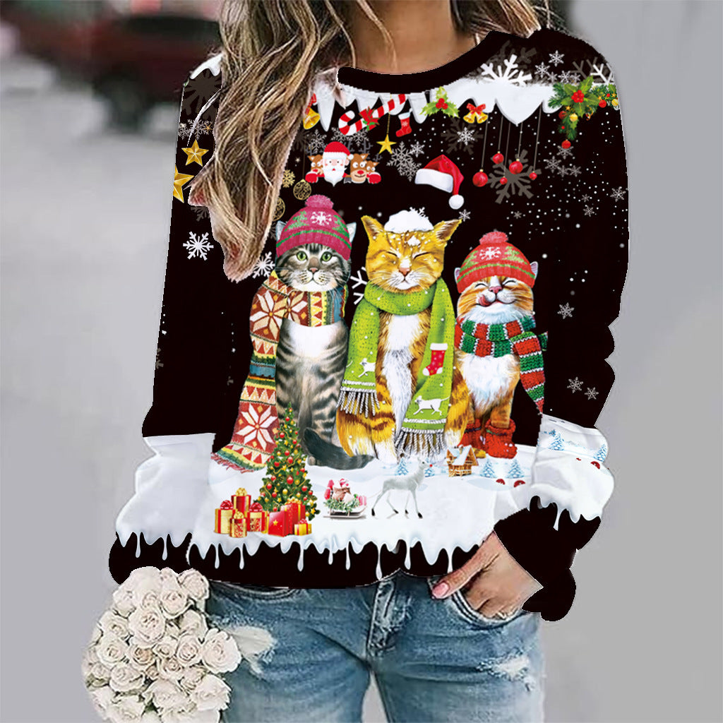 Festive Christmas Cat Print Crew Neck Pullover Sweatshirt