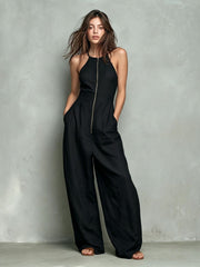 Women's Solid Zip-Front Backless Wide-Leg Jumpsuit