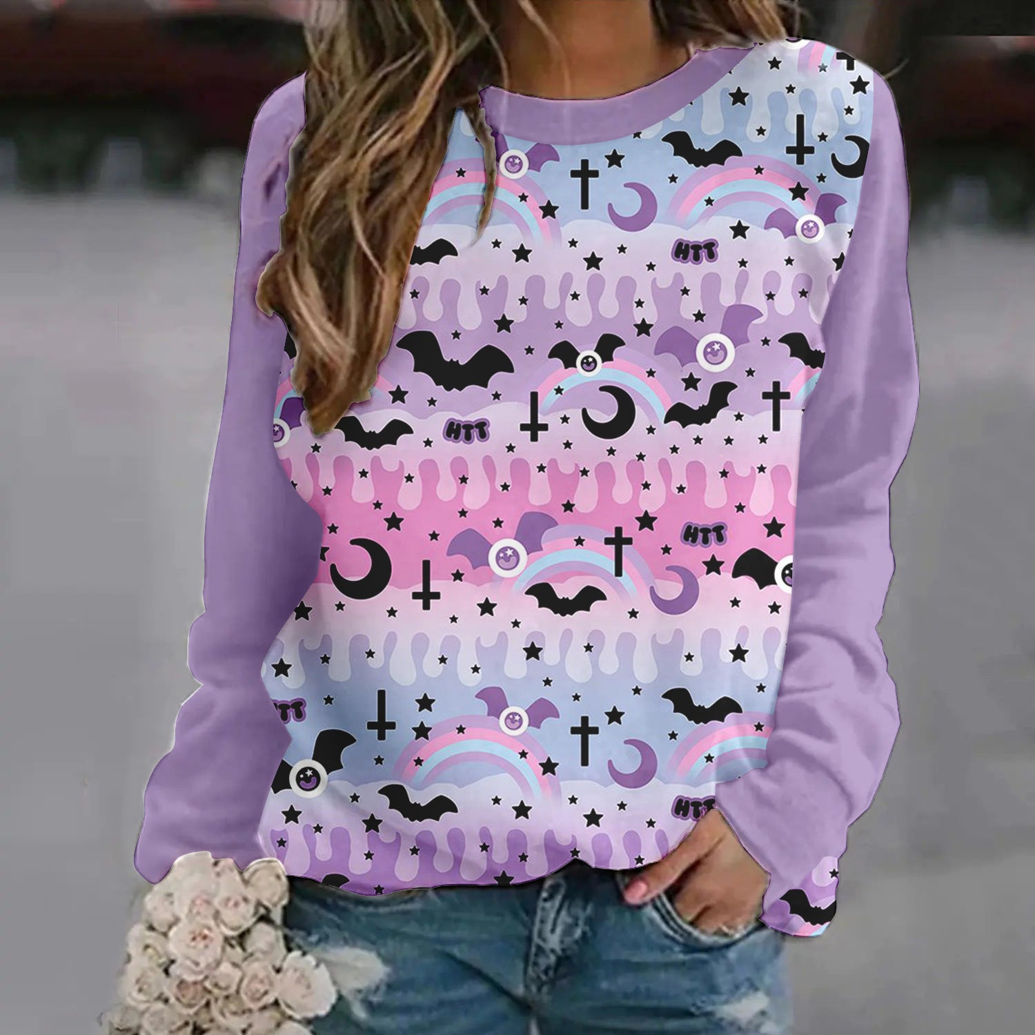 Women's Halloween Printed Raglan Sleeve Sweater
