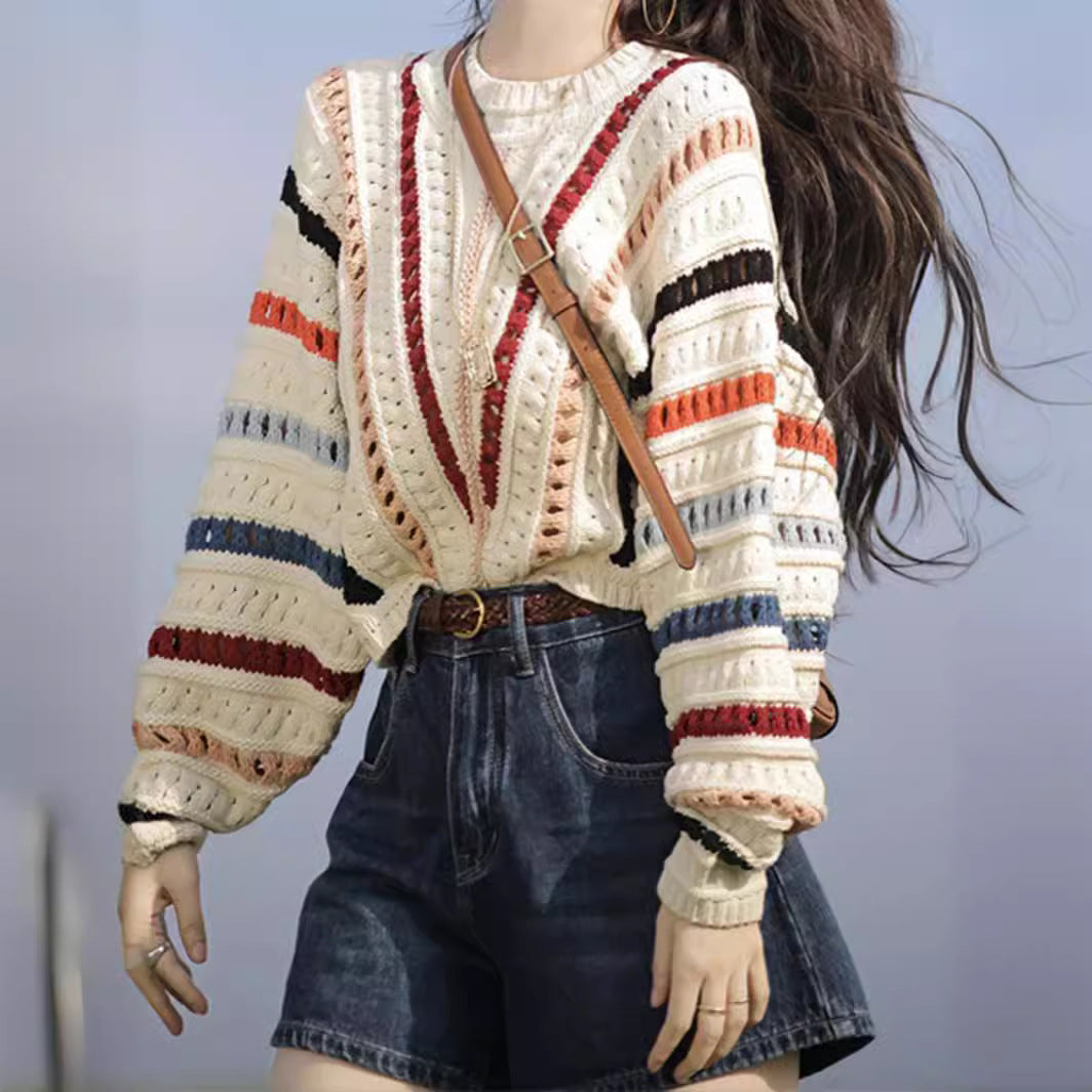 Retro Chic Rainbow Striped Hollow Sweater Round Neck Sweater