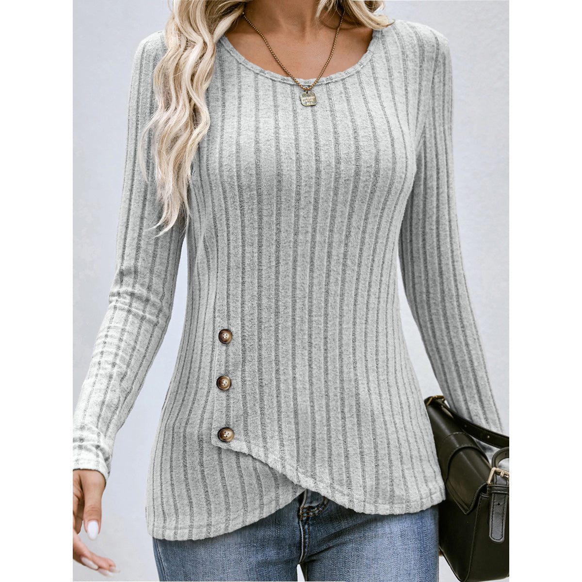 Women's Slim Fit Button Round Neck Ribbed Sweater