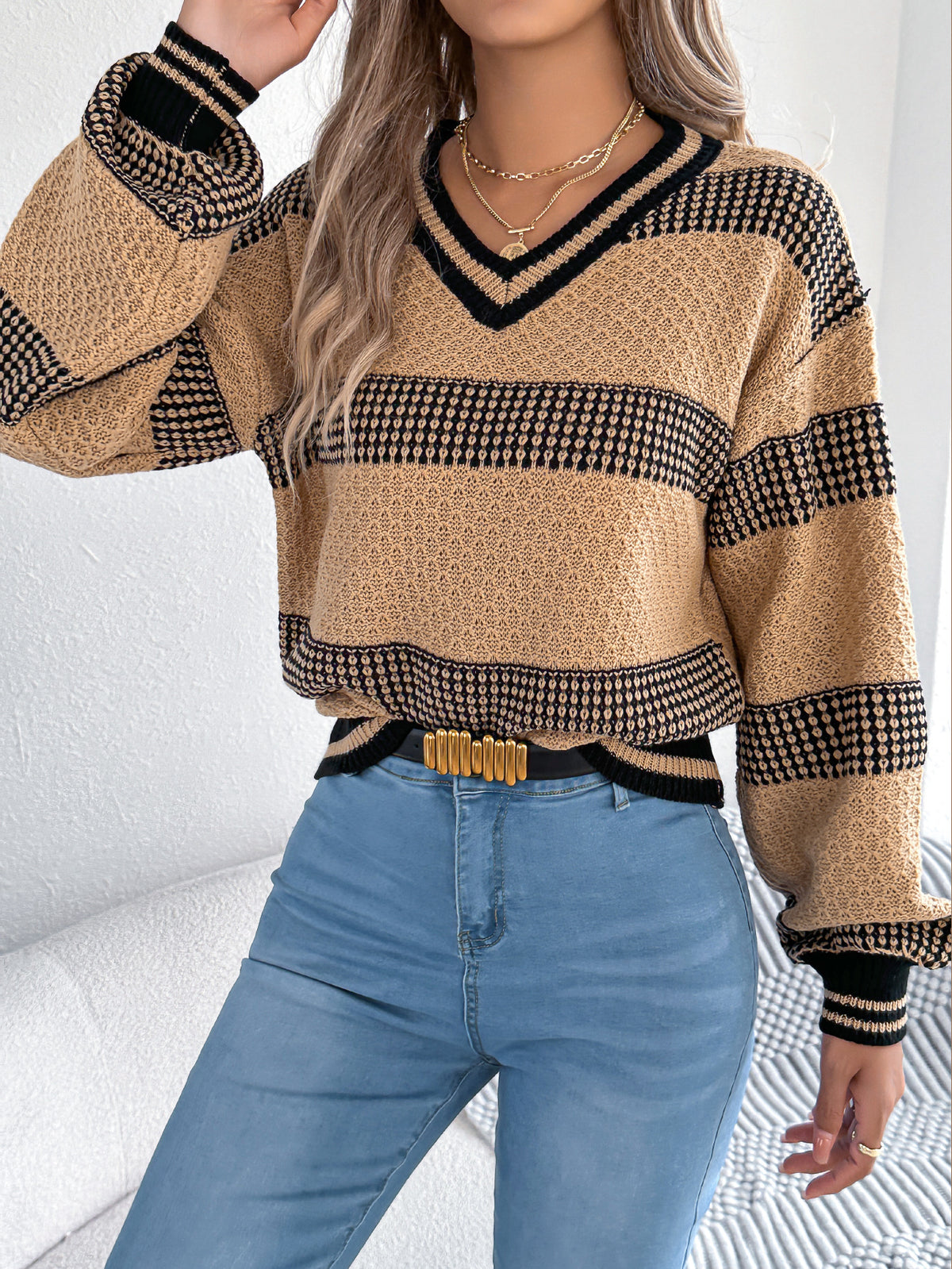Women V-neck Color Block Stripe Lantern Sleeve Pullover Sweater