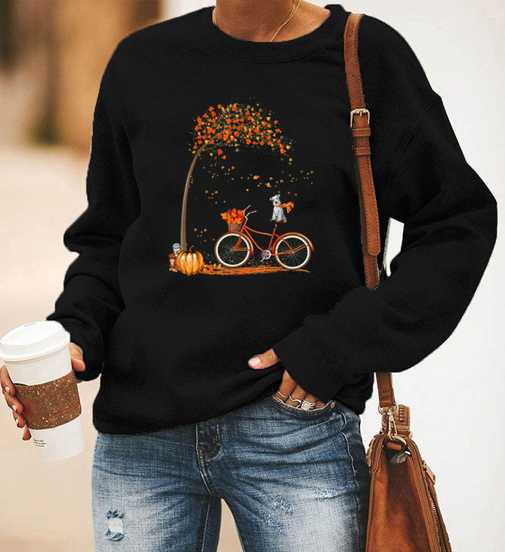 Women's Bicycle Print Fleece Long Sleeve Crew Neck Sweater