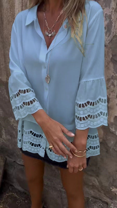 Lapel Long Sleeve Lace Ruffles Lotus Leaf Loose Shirt