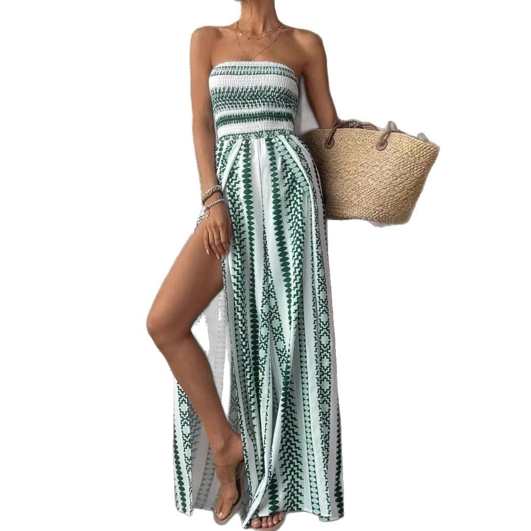 Chic Printed Tube Top Split Leg Jumpsuit