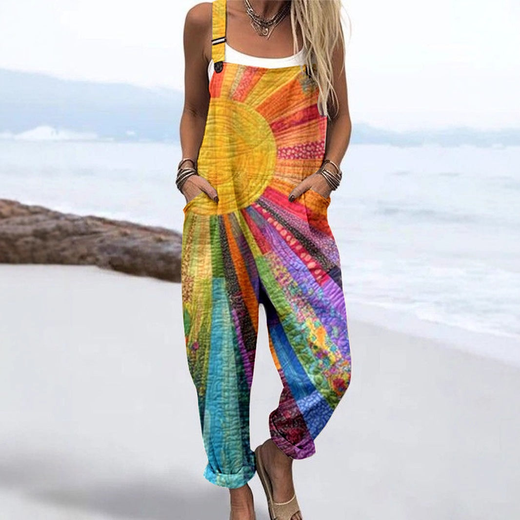 Women's Floral Casual Loose Bib Overalls Jumpsuit