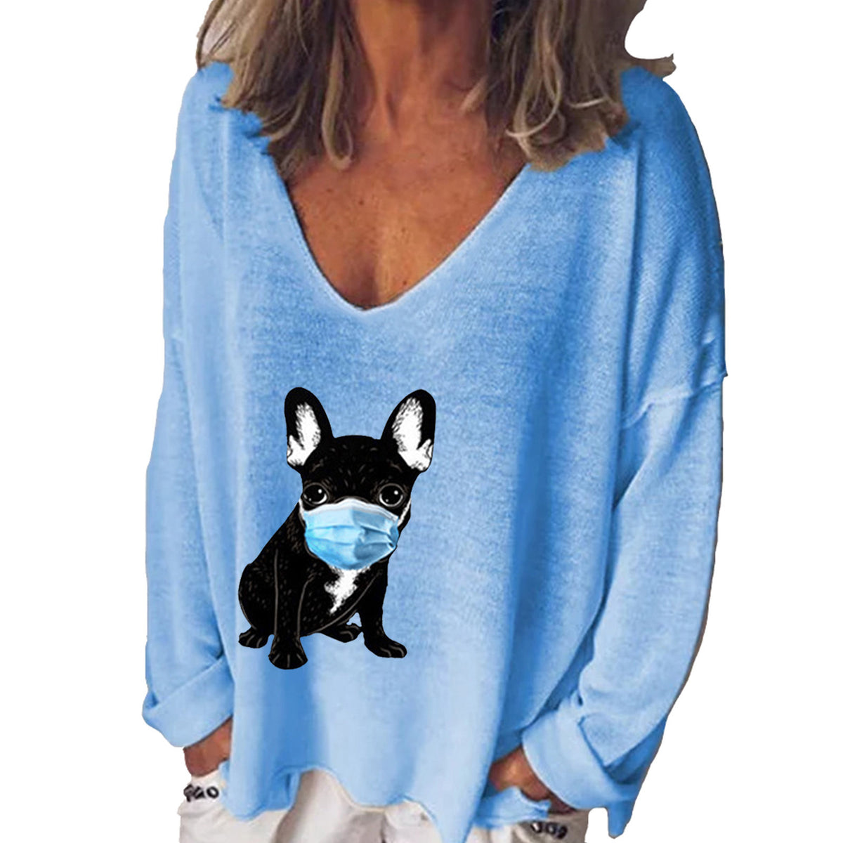 Cute Puppy Print V-Neck Long Sleeve Women's T-Shirt