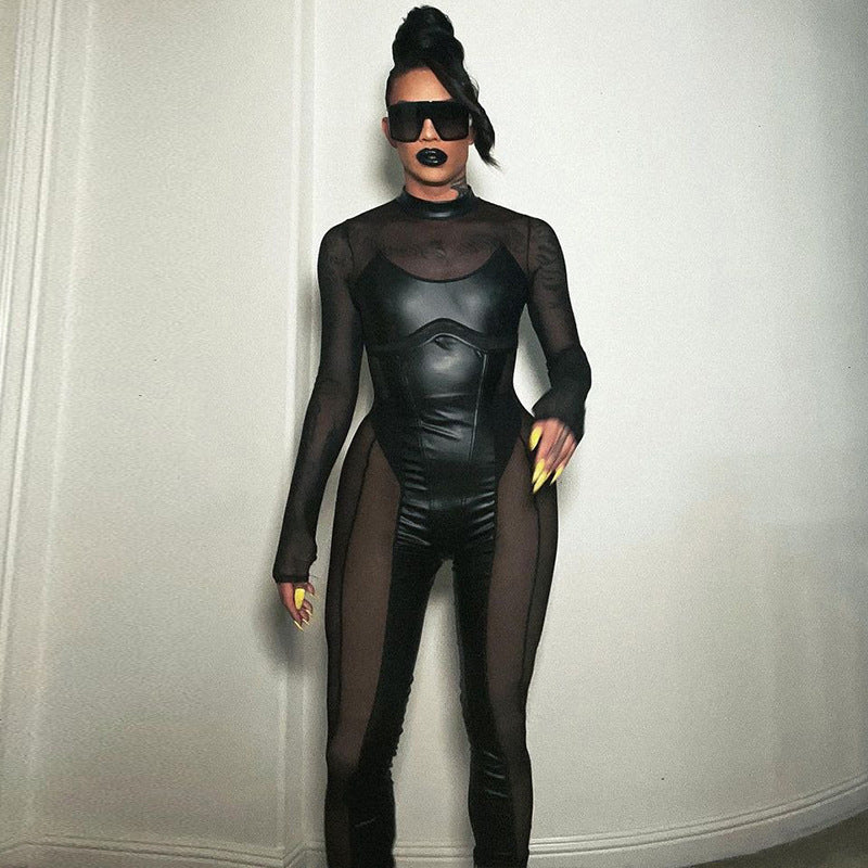 Spliced Mesh Sheer Long-Sleeve Sexy Black Jumpsuit