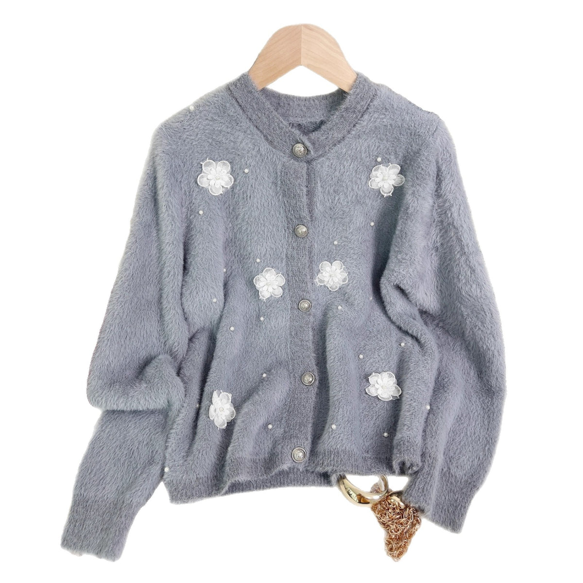 Women's Patchwork Floral Knit Cardigan Round Neck Warm Sweater