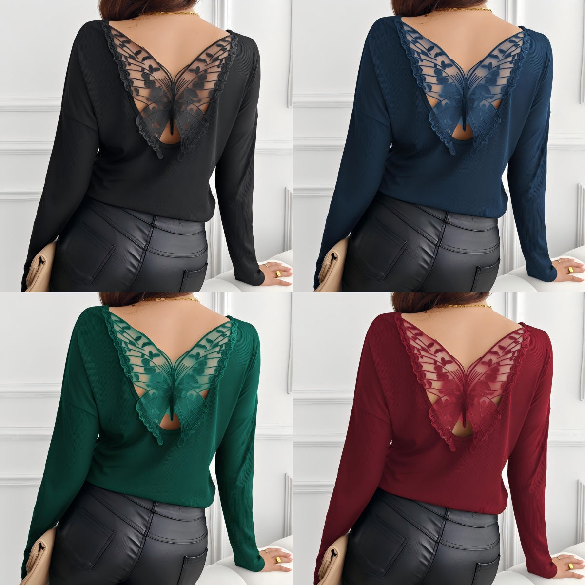 Women's Ribbed Long-Sleeve T-Shirt with Back Stitching