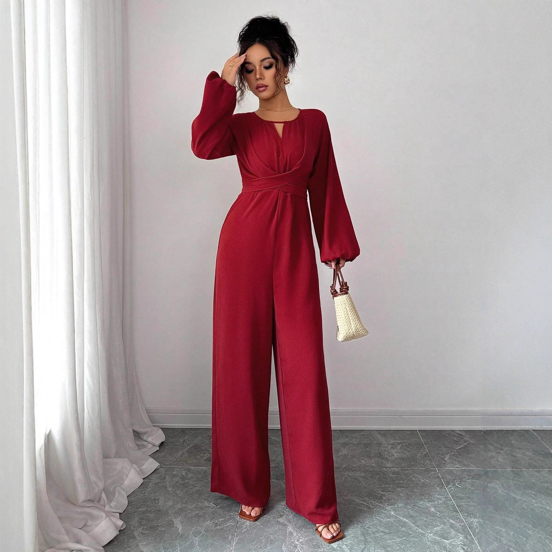 Elegant Square Neck Wide-Leg Jumpsuit with Puffed Sleeves