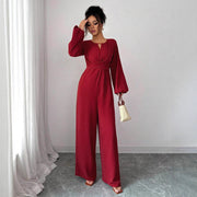 Elegant Square Neck Wide-Leg Jumpsuit with Puffed Sleeves