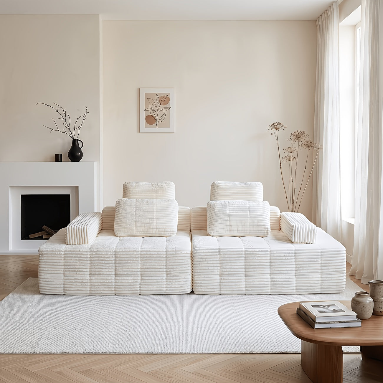 Modular L-shaped chaise longue sofa bed with deep seat and corduroy upholstery