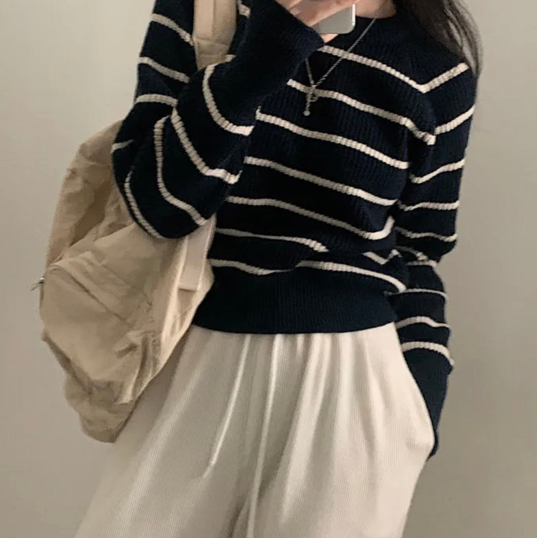 Autumn and Winter Contrast Color Striped Crew Neck Pullover Sweater