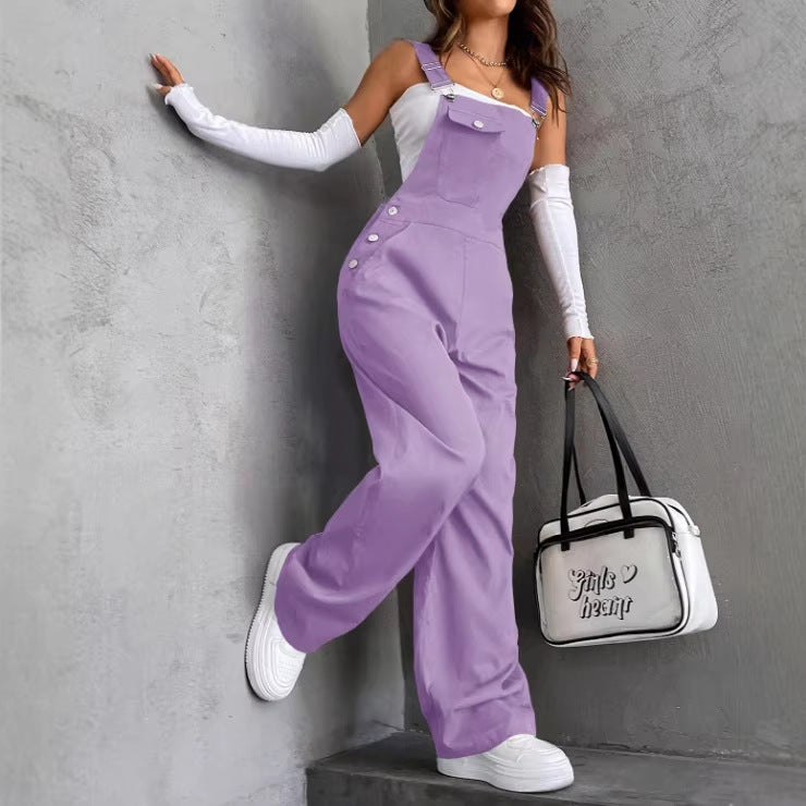 Retro Pocket Solid-Color Straight-Leg Workwear Suspender Jumpsuit